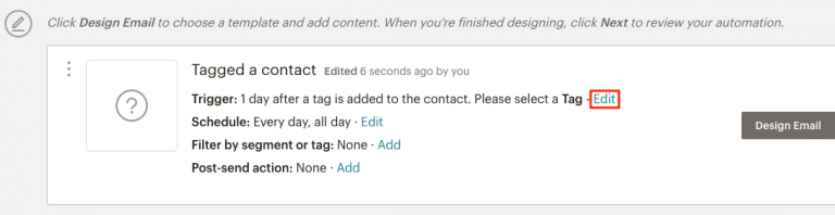 Edit the tag in mailchimp to trigger an automated email