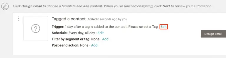 Edit the tag in mailchimp to trigger an automated email