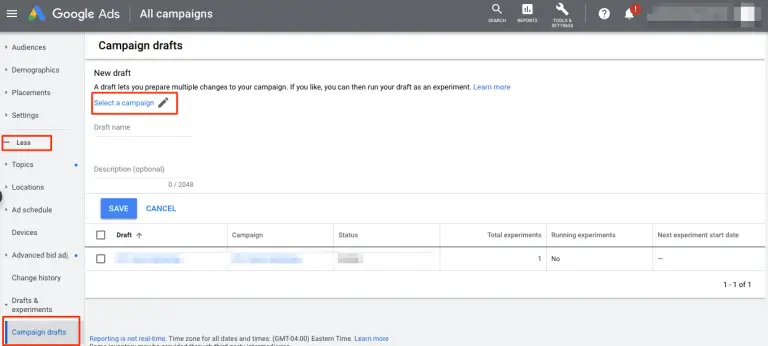 Create a draft in Google ads for ab testing