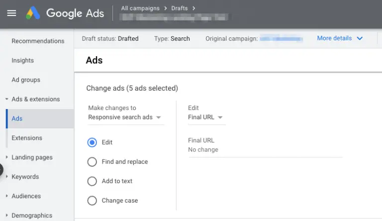 Change the test variable in Google Ads experiments