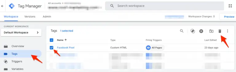 delete facebook pixel from Google tag manager