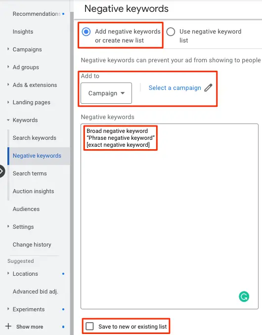 adding negative keywords to google ads