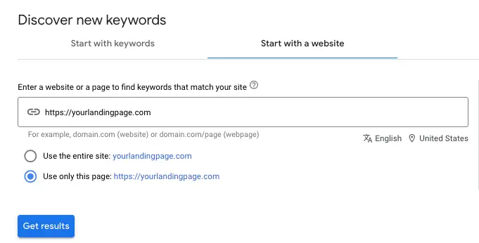 Start keyword planner with website