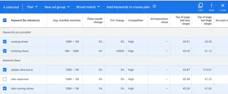 Adding keywords to the keyword plan